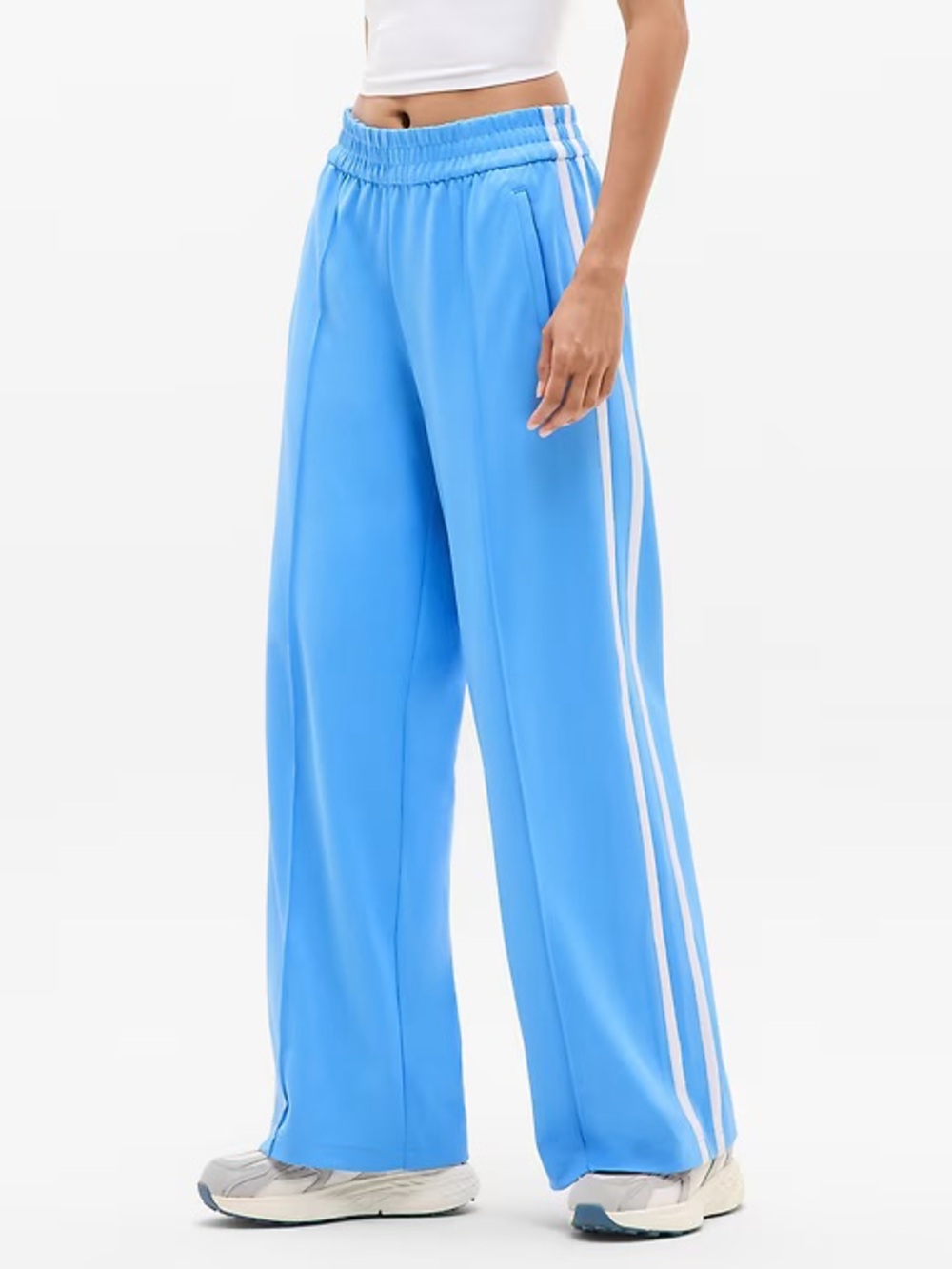 Athleta Blue Wide-Leg Track Pants with White Side Stripes
